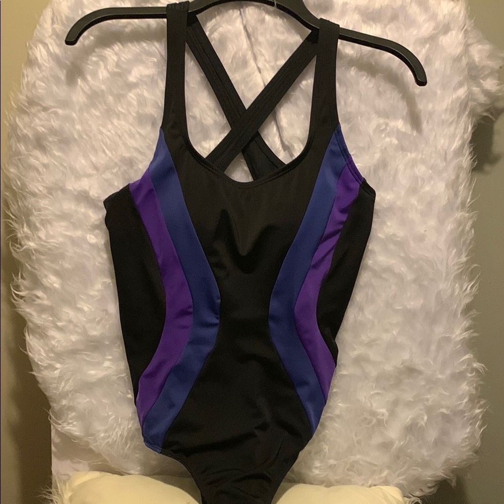 Lands' End Black‎ Swimsuit with Purple Accents